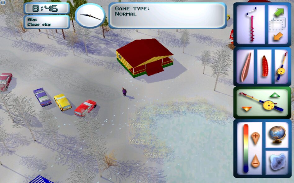Store still of a snow-covered lake with a hut and a column of tool icons